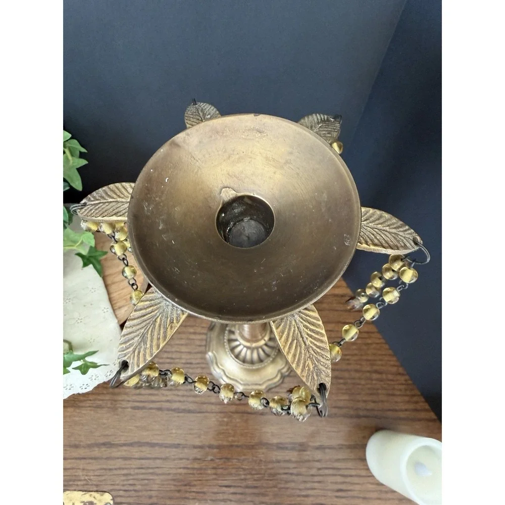 Vintage Hollywood Regency‎ Brass Faux Marble Candlestick Amber Beads